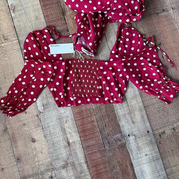 Reformation red with white polka dot fiona 2-piece Campari midi dress crop top 0 - Picture 8 of 14